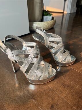 Vintage Guess Silver Glitter Strappy Platform High Heels